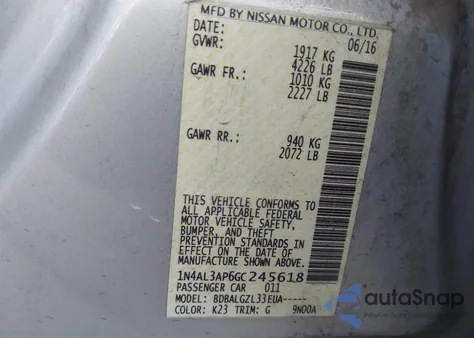 2016 Nissan Altima 2.5/2.5 S/2.5 Sl/2.5 Sr/2.5 Sv из США, поврежденный, VIN 1N4AL3AP6GC245618